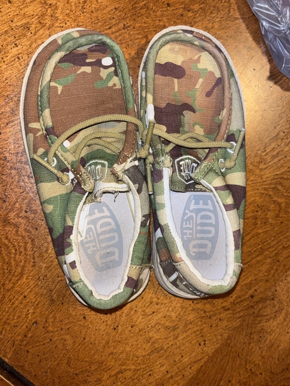 Hey Dude Kids Camo Slip-On Moccasins in Green and Brown - Picture 2 of 3